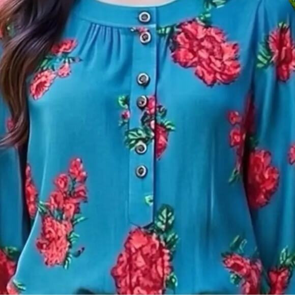 Anthropologie Maeve NWOT Kalas Teal Henley Floral Woven Blouse Size Medium - Picture 3 of 8
